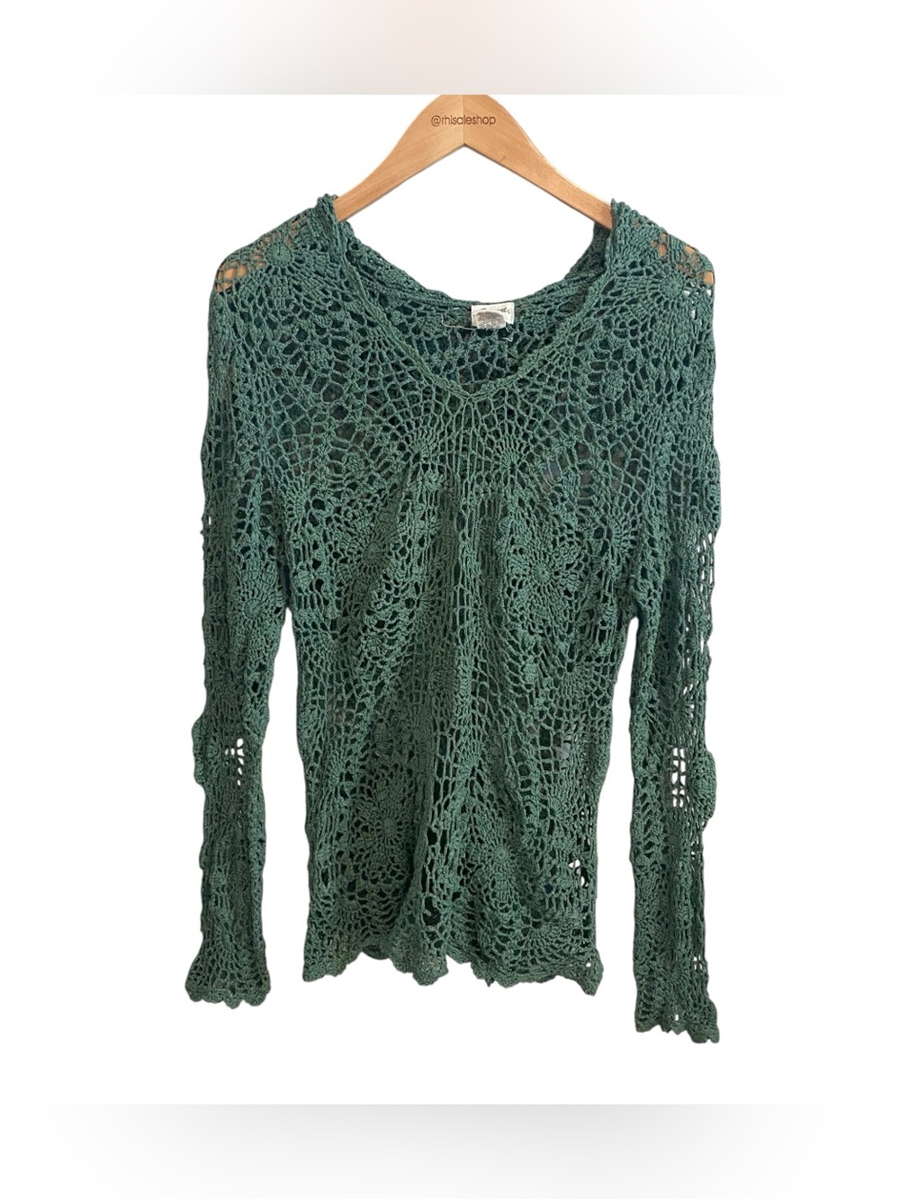 Serene Green Hooded Linen Cotton Blend Crochet Boho Coverup Top Size Small